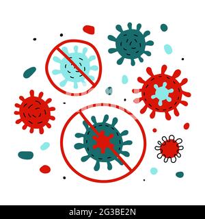 Ensemble d'affiches pour coronavirus Doodle. Cellule de virus rouge, bleu de dessin animé isolée sur fond blanc. Symbole de maladie, pneumonie, covid, médecine, traitement, scie Illustration de Vecteur