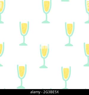 Verre à motif sans couture avec prosecco ou champagne. Boisson de fête dans un style mignon sur fond blanc. Verre à vin pour la décoration festive du N Illustration de Vecteur