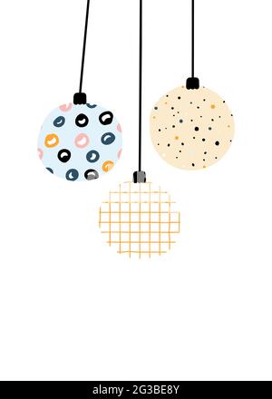 Carte postale couleur vectorielle de la nouvelle année. Trois boules de Noël avec ornements scandinaves isolées sur fond blanc. Illustration de stock mignon avec décoration Illustration de Vecteur