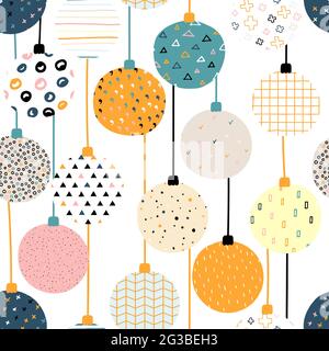Motif sans couture de couleur vecteur de la nouvelle année. Boules de Noël avec ornements scandinaves sur fond blanc. Illustration de Noël lumineuse avec Illustration de Vecteur