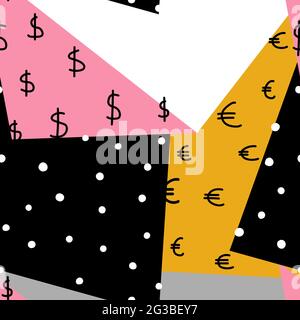 Arrière-plan géométrique coloré avec symbole euro et dollar. Motif sans couture avec décoration à pois sur le thème de l'argent, des affaires et de la finance. Curren Illustration de Vecteur