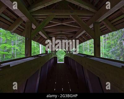 Perspective symétrique décroissante de l'intérieur d'une passerelle couverte en bois traversant une rivière dans la célèbre gorge de Wutach ('Wutachschlucht'). Banque D'Images