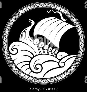 Viking, design scandinave. Drakkar avec une tête de dragons. Navire de guerre des Vikings, illustration vectorielle Illustration de Vecteur