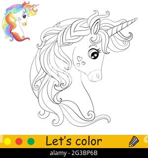 Tête de dessin animé adorable licorne avec de longs arc-en-ciel en profil. Page de livre de coloriage avec modèle coloré pour les enfants. Illustration vectorielle isolée. Pour Illustration de Vecteur