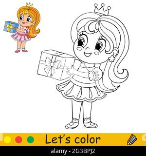 Jolie petite fille debout avec un cadeau dans ses mains. Page de livre de coloriage avec modèle coloré pour les enfants. Illustration vectorielle isolée. Pour colorier Illustration de Vecteur