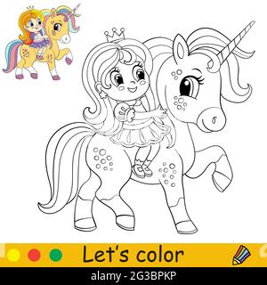 Petite fille adorable à cheval sur une licorne magique. Page de livre de coloriage avec modèle coloré pour les enfants. Illustration vectorielle isolée. Pour livre de coloriage, impression, Illustration de Vecteur