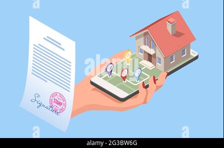 Contrat de location ou d'achat immobilier signé par Isométrique. Acheteur. Hypothèque en ligne, nouvelle maison d'achat en ligne. Achat, vente ou location de biens immobiliers Illustration de Vecteur