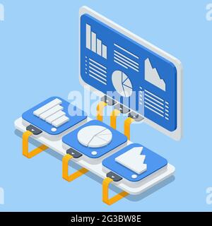 Les périphériques Isométrique Online téléchargent, téléchargent des informations et des données dans une base de données sur des services cloud. Veille stratégique et règle métier, analyse du Big Data Illustration de Vecteur