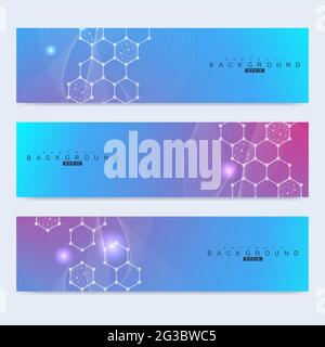 Ensemble de vecteur scientifique moderne des bannières. La structure d'ADN avec des lignes et points. La science et technologie concept. Graphique de flux d'onde Illustration de Vecteur