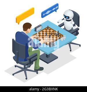 Robot isométrique jouant aux échecs avec un homme. Intelligence artificielle contre humain. Machine à jouer aux échecs Illustration de Vecteur