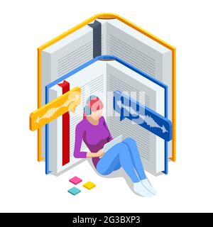 Concept en ligne livres audio isométriques. Femme écoutant des livres électroniques au format audio. Livres en ligne. Bannière de formation en ligne. Homme dans un casque utilisant un téléphone portable Illustration de Vecteur