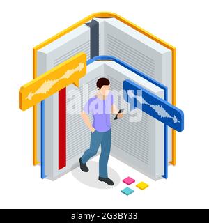 Concept en ligne livres audio isométriques. Homme à l'écoute d'e-livres au format audio. Livres en ligne. Bannière de formation en ligne. Homme dans un casque à l'aide d'un téléphone portable Illustration de Vecteur