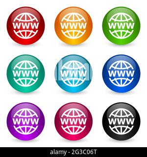 Jeu d'icônes Web, www et Internet, boutons de boule de rendu 3d brillant colorés en 9 couleurs Banque D'Images