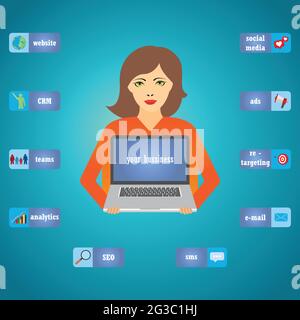 Jeune femme tenant un ordinateur portable avec le texte "votre entreprise" sur l'écran Illustration de Vecteur