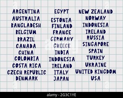 Les noms des pays du monde. Villes européennes. Lettre à la main Illustration de Vecteur