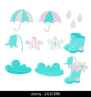 Ensemble de parapluies pour enfants, bottes en caoutchouc, fleurs, gouttes de pluie, nuages peints dans des couleurs pastel. Pour les albums photo, tee-shirts et autres Illustration de Vecteur