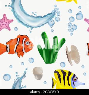 Motif sans couture avec poissons tropicaux, algues, coquillages, étoiles de mer, perles. Motif avec monde sous-marin pour votre conception. Illustration vectorielle. Illustration de Vecteur
