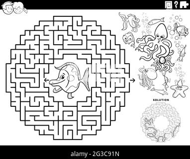 Dessin animé noir et blanc illustration du jeu éducatif de puzzle de labyrinthe pour les enfants avec le poisson drôle et les animaux de mer caractères coloriage livre page Illustration de Vecteur