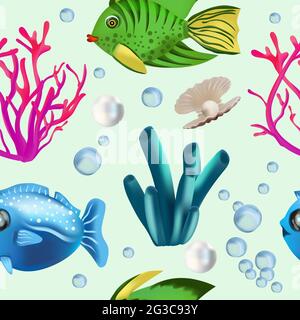 Motif sans couture avec poissons tropicaux, algues, coquillages, coraux, perles motif avec monde sous-marin pour votre conception. Illustration vectorielle Illustration de Vecteur
