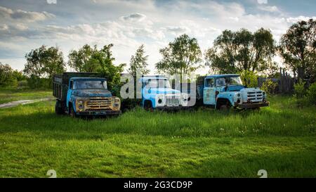 vieux camions brisés abandonnés sur l'herbe verte Banque D'Images