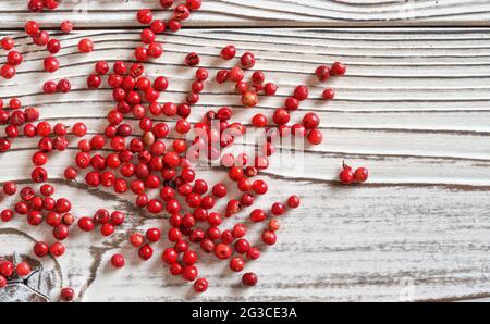 Grains de poivre rouge ou rose éparpillés sur le bureau des tableaux blancs, photo de gros plan du dessus Banque D'Images