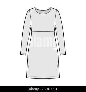 Robe ligne Empire technique de mode illustration avec manches longues, corps surdimensionné, longueur genou JUPE A-line. Vêtements plats sur le devant, style gris. Femmes, hommes unisex CAD maquette Illustration de Vecteur