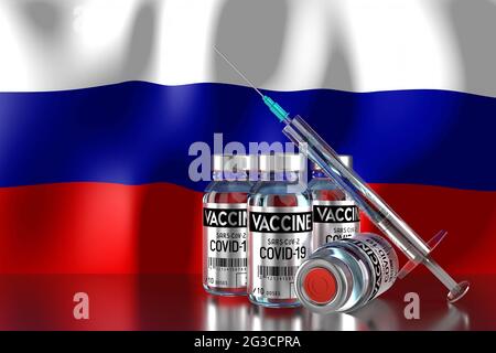 Covid-19, SRAS-COV-2, programme de vaccination contre le coronavirus en Russie, quatre flacons et une seringue - illustration 3D Banque D'Images