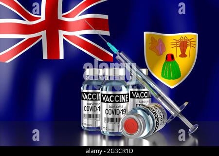 Covid-19, SRAS-COV-2, programme de vaccination contre le coronavirus dans les îles Turks et Caicos, quatre flacons et une seringue - illustration 3D Banque D'Images