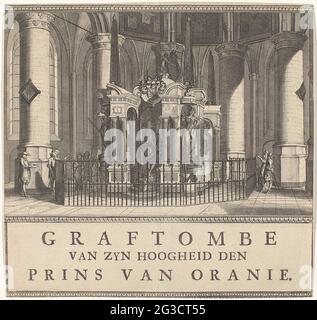 Graftombe de Willem I, Prince of Orange, 1623; Graftombe van Zyn Altesse le Prince of Orie. Graftombe ou Palatergraf de Willem I dans la nouvelle église de Delft, achevée en 1623. Vue de l'avant avec l'image du prince assis. Avec le cadre et un titre imprimé séparément contre le bas de la performance. Banque D'Images