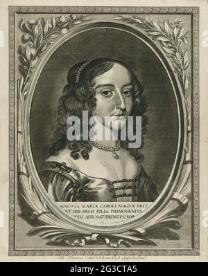 Portrait de Maria Henrietta Stuart; Comités Nassoviae. Portrait de Maria Henrietta. Dans un cadre, son nom et ses titres. Entièrement dans un cadre ovale gravé séparément avec branches et rubans. Banque D'Images