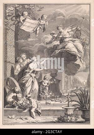 Poésie en conversation avec des figures allégoriques; page de titre pour: Arnold Hoogvliet, Zydebalen, Dofdicht, 1740. Poésie qui tombe d'un nuage dans un jardin, en conversation avec la femme allégorique personnages hospitalité, amitié et courtoisie. Au premier plan, trois putti qui symbolisent les soins d'achat (avec caduceus), la mécanique (avec crochet d'achat) et le pays. Dans l'air, deux putti volent avec un tissu sur lequel le titre en néerlandais. Banque D'Images