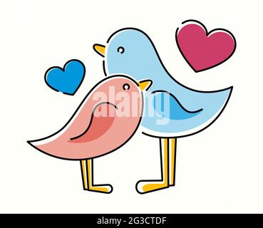 Ligne minimaliste art la paire d'oiseaux dans l'amour et le coeur Illustration de Vecteur