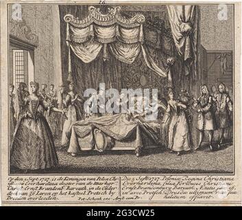 Mort de Christiane Eberhardine van Brandenburg-Bayreuth; le 5 1727 septembre est la reine de Pologne Christiana Everhardina Dogter du Markgr. Christ. Ernst BRANDENB. Baeuth, à l'âge de 56 Iaren sur le Prepsch par le château de Dresde. La décédée Christiane Eberhardine de Brandenburg-Bayreuth, reine de Pologne-Lituanie, se trouve dans son lit dans son château de Pretzsch aan de Elbe. Les différentes courtesettes et autres hovelings semblent effrayés ou pleurés. En bas à gauche d'un texte de cinq lignes en néerlandais avec une explication de la performance et à droite une explication similaire en latin. Banque D'Images
