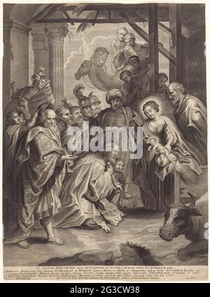 Culte des rois. Maria et Joseph montrent l'enfant Christ aux trois rois. Les trois offrent à l'enfant leurs cadeaux. Membres de leur effet. Banque D'Images