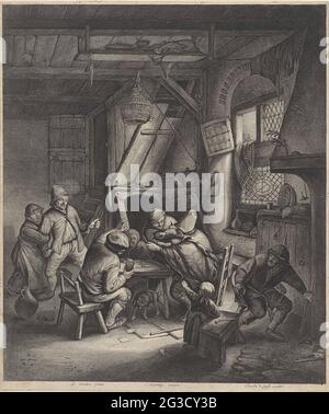 Casse-tête des agriculteurs autour d'une table. Dans un intérieur d'auberge, deux agriculteurs sont sur le point de s'attaquer l'un à l'autre avec des couteaux tirés. L'agriculteur assis à droite est tenu au lit par l'homme à côté de lui. Le fermier debout à gauche est pris par une femme au bras. Au premier plan un enfant et un vieil homme. Banque D'Images