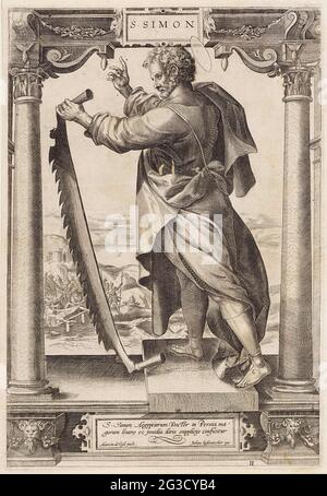 H. Simon Zelotes; S. Simon; Christ et les douze apôtres, et H. Paulus. Le Saint Simon Zelotes est vu à l'arrière, entre deux colonnes dans un cadre architectural. Dans sa main il tient une scie. En arrière-plan, vous pouvez voir comment il est scié dans la moitié. Dans la case située au bas d'une légende à deux pattes en latin. Banque D'Images