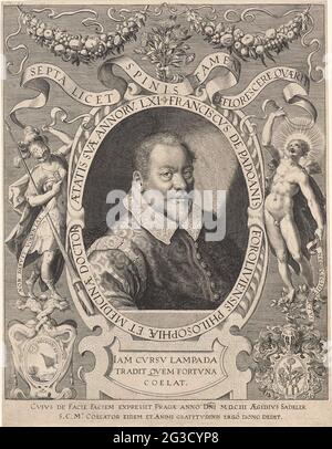 Portrait de Franciscus Foroliviensis de Padoue. Franciscus Foroliviensis de Padoue, philosophe et médecin italien. Minerva et Apollo à gauche et à droite du portrait. Sous le portrait deux emblèmes. L'impression comporte une légende latine. Banque D'Images