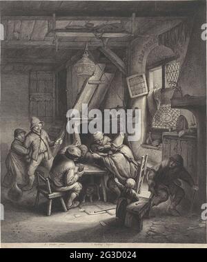 Casse-tête des agriculteurs autour d'une table. Dans un intérieur d'auberge, deux agriculteurs sont sur le point de s'attaquer l'un à l'autre avec des couteaux tirés. L'agriculteur assis à droite est tenu au lit par l'homme à côté de lui. Le fermier debout à gauche est pris par une femme au bras. Au premier plan un enfant et un vieil homme. Banque D'Images