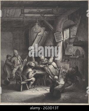 Casse-tête des agriculteurs autour d'une table. Dans un intérieur d'auberge, deux agriculteurs sont sur le point de s'attaquer l'un à l'autre avec des couteaux tirés. L'agriculteur assis à droite est tenu au lit par l'homme à côté de lui. Le fermier debout à gauche est pris par une femme au bras. Au premier plan un enfant et un vieil homme. Banque D'Images