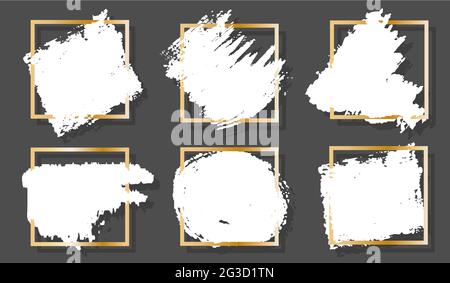 Des spots blancs abstraits dessinés à la main avec un pinceau et de l'encre avec des cadres dorés ombrés et dégradés. Pour le texte, les affiches publicitaires et les autocollants, le logo de l'entreprise, l'élément décoratif. Pour les cartes de mariage, tamponner. Illustration de Vecteur