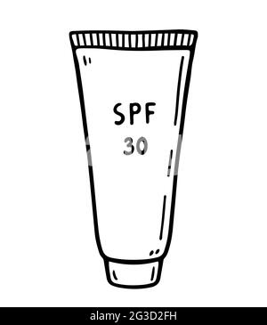 Tube de crème solaire isolé sur fond blanc. Lotion 30 SPF pour la protection contre les rayons ultraviolets. Illustration vectorielle dessinée à la main, style doodle. Illustration de Vecteur