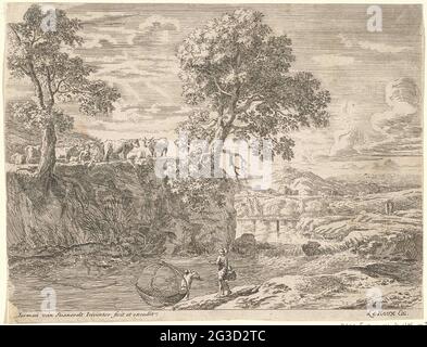 Paysage de rivière avec des vaches; six paysages. Pour un troupeau de vaches il y a un berger sur le bord d'une rivière. Il y a deux pêcheurs de l'autre côté de la rue et au loin se trouve un bâtiment au pied d'une colline. Banque D'Images