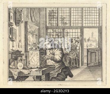 Horloger. Un horloger dans un lieu de travail. À la fenêtre deux hommes travaillant sur des montres de poche. Banque D'Images