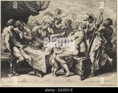 Mariage de Peleus et de Thetis. Peleus et thetis s'assoient à la table avec les dieux de l'Olympe pendant leur repas de mariage. Deux paniers de fruits sont sur la table. Mercure vient d'apporter la pomme pour la plus belle déesse. Banque D'Images