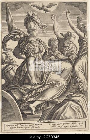 La logique; la dialectique; les sept arts libéraux la personnification féminine de la logique, un casque sur la tête, une bannière et un livre entre les mains. Elle est entourée de manière. Dans l'air, le pigeon du Saint-Esprit. Dans le contexte de la marge, une légende de quatre lignes, en deux colonnes, en latin. Banque D'Images