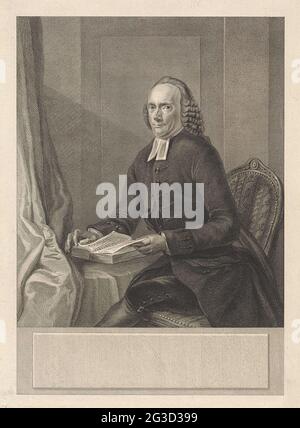 Portrait de Johan Diedrich Deiman. Portrait de Johan Diedrich Deiman, Pastor luthérien à Amsterdam, assis sur une chaise avec une bible pour lui. Banque D'Images