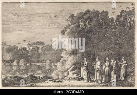 Paysage au mercure et à l'herbe; paysages; Amenissimae aliquot Requculae. Mercure, en haut à gauche dans l'air, tombe amoureux de HERSE, qui apporte des sacrifices avec ses éléments. Quatrième impression de la quatrième partie d'une série de soixante tirages avec des paysages, divisée en cinq parties de chaque douze tirages. Banque D'Images