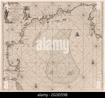Carte d'une partie de la côte est des États-Unis et du Canada; pas-carte des rives de la mer à Boght de Niew Angleterre entre les États de coin et C. de sable. Plage de sélection à partir d'une partie de la côte est des États-Unis et du Canada, entre Nantucket et Cape sable, avec deux roses de compas, le nord se trouve sur la gauche. En haut à gauche le titre, l'adresse de publication et l'échelle, indiqués en allemand, espagnol, anglais ou français miles (échelle : c. 1: 1,100,000). Les données sont flanquées de deux arbres, un guerrier avec l'équipement d'armes et dans le fond trois hommes qui commercer. Banque D'Images
