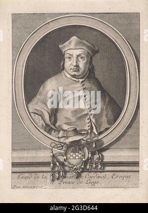 Portrait d'evrard van der marck; Erard de la Marck; Cardinal Eveque et Prince de Liège. Portrait du prince liégeois Evêque Evrard van der Marck. Il porte un mozetta et un béret. Sous le cadre ovale se trouvent une arme avec le chapeau de cardinal. Banque D'Images