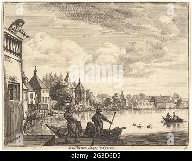 Face sur la Spaarne; les tuines le long de 't Save; paysages de la région de Haarlem; Sigtten Buijten Haarlem, fait par. J.v.v .. Vue sur la Spaarne à Haarlem. En premier plan un bateau amarré à l'aviron dans une maison. Sur le balcon, un homme donne des instructions de chargement. Sur la rivière trois cygnes et un autre bateau à rames avec une compagnie. Leged numéroté: 9. Banque D'Images